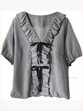 Plus Size Bow Gingham Blouse Ruffle V Neck Short Sleeve Cute Summer Tops
